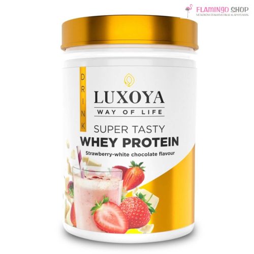 Luxoya Super Tasty Whey Protein Prémium Fehérje Italpor Eper fehércsokoládé ízű 450g Doboz