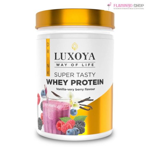 Luxoya Super Tasty Whey Protein Prémium Fehérje Italpor Vanília Erdei Gyümölcsös ízű 450g Doboz